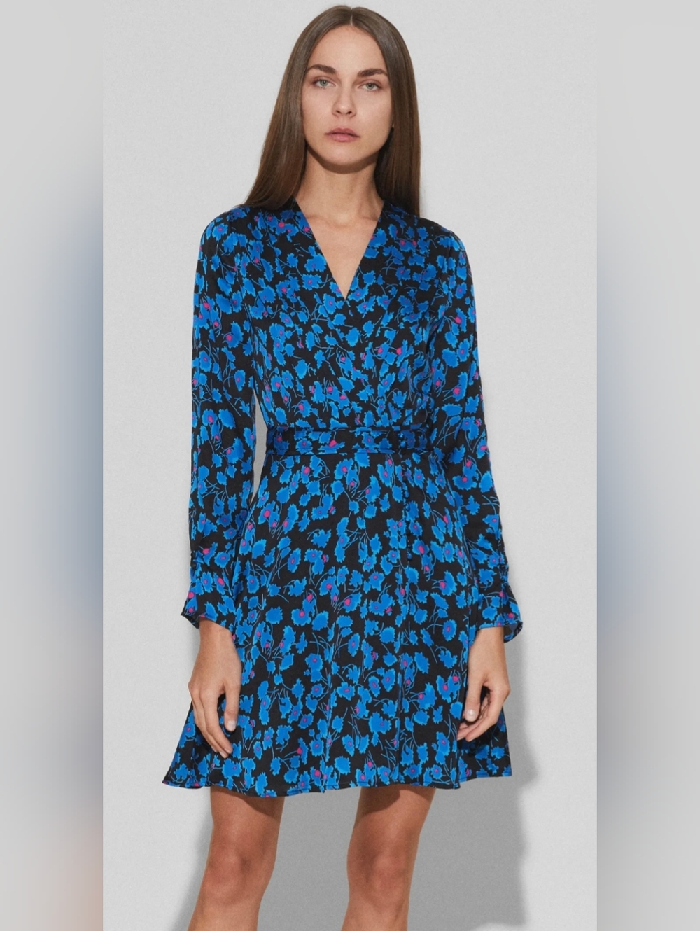 Equipment Blue Floral Wrap Mini Dress Long Sleeve Effortless Chic